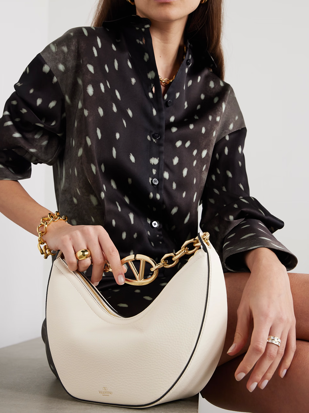 Ivory Leather Small Vlogo Moon Hobo Bag
