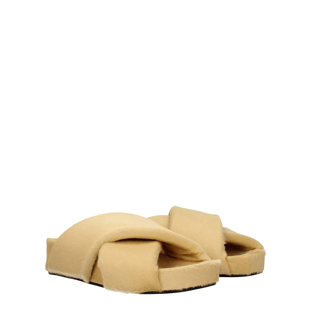Beige Pony Skin Open Toe Slippers With Vintage Effect