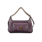 Purple handbag with gold chain strap on a white background