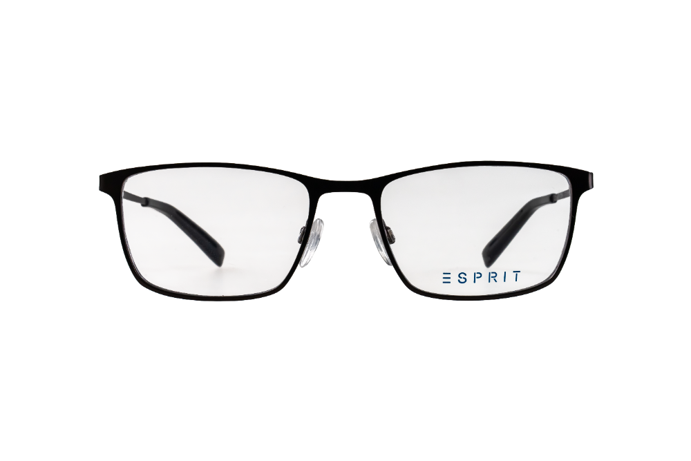 Black eyeglasses with 'Esprit' branding on a white background